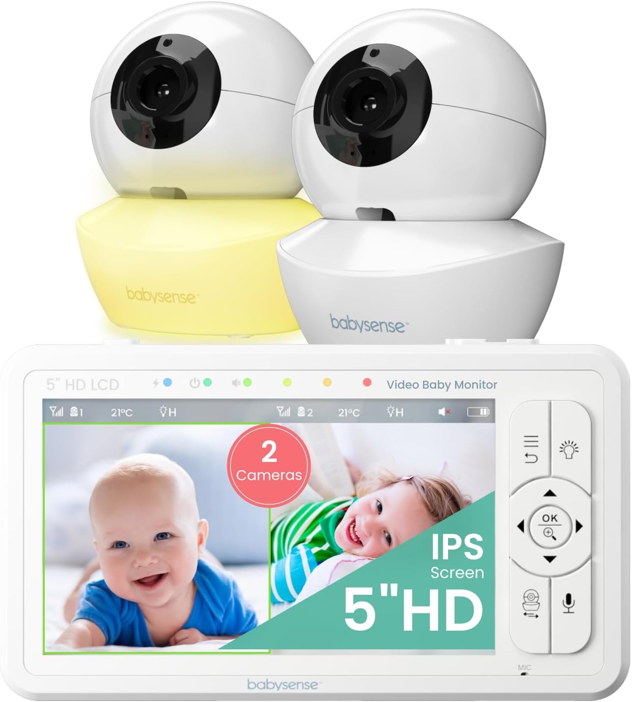 Babysense 5" HD Non WiFi Split-Screen Baby Monitor with 2 Ca